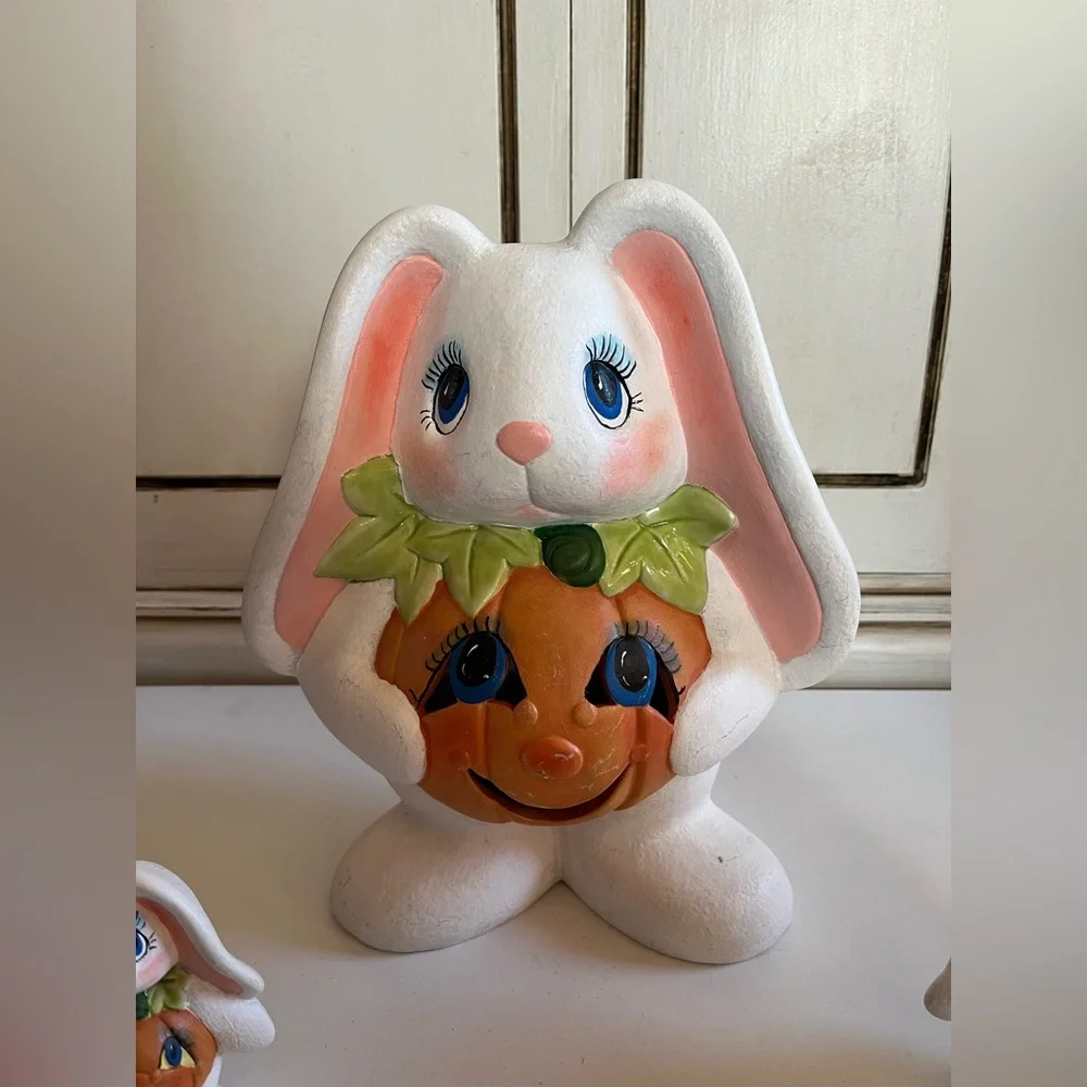 Vintage Easter Halloween Rabbit Bunny Figurines w/pumpkin stomach ceramic decor